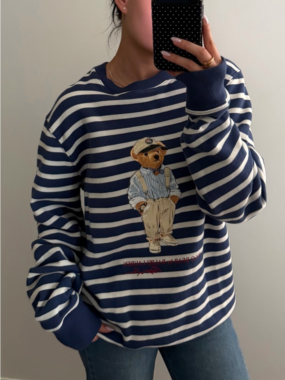 Ralph Lauren Navy and White Striped Crewneck Sweater with Bear Motif